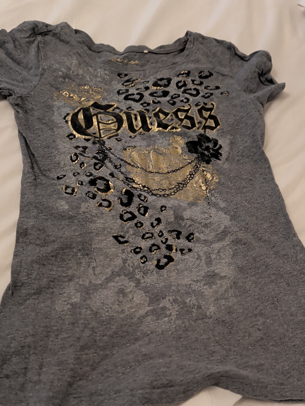 GUESS Gray Tee with Gold & Black Graphic Accents